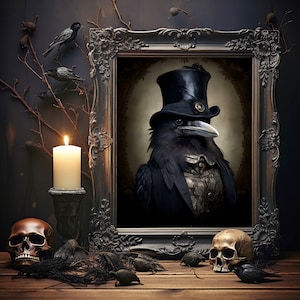 May include: A black raven wearing a top hat and a waistcoat is framed in a dark wood frame. The raven is perched on a branch with a candle and skulls in the foreground.