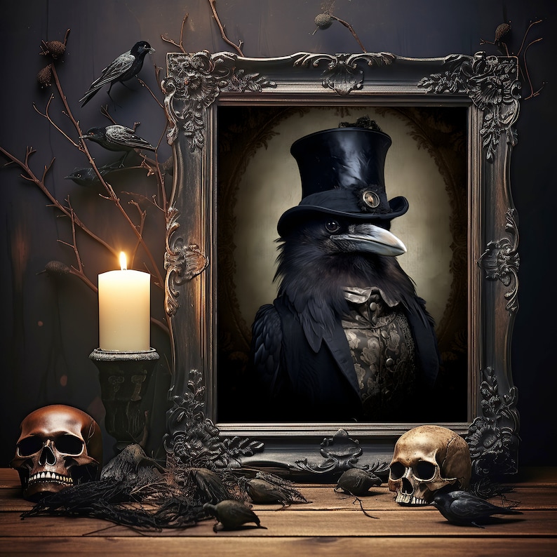 May include: A black raven wearing a top hat and a waistcoat is framed in a dark wood frame. The raven is perched on a branch with a candle and skulls in the foreground.