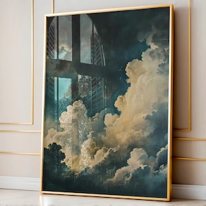 Vintage Moody Clouds Wall Art Print, Cloudy Sky, Gallery Art, Minimalist ArtDark Academia, Dark Cottagecore, Night Sky Painting