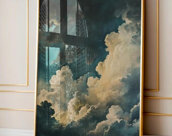 Vintage Moody Clouds Wall Art Print, Cloudy Sky, Gallery Art, Minimalist ArtDark Academia, Dark Cottagecore, Night Sky Painting