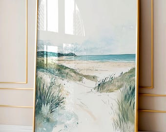 May include: A watercolor painting of a beach scene with a path leading through green grass and sand to the ocean. The sky is a light blue with white clouds and the water is a light blue-green.