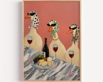 One Silly Goose Print: Funny Goose Textured Watercolor Wall Art, Geese Drinking Wine