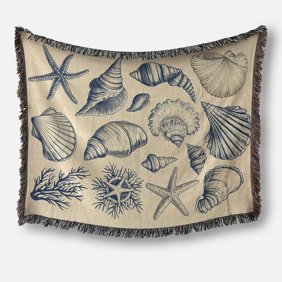 Beachy Woven Blanket For Home Decor, Beach Decor, Coastal Granddaughter, Beach Lover Gift, Beach House Decor, Seashells Tapestry Wall Art