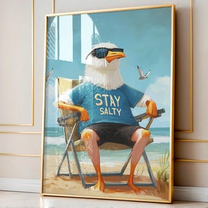Coastal Beach Wall Art, Funny Seagull &quot;Stay Salty&quot; Art Print, Seagull Decor, Beach Art, Seagull Lover Gifts, Beachy Wall Art