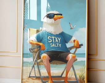 Coastal Beach Wall Art, Funny Seagull "Stay Salty" Art Print, Seagull Decor, Beach Art, Seagull Lover Gifts, Beachy Wall Art