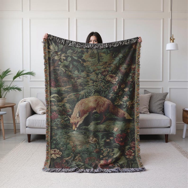 Enchanted Forest Woven Cotton Blanket, Nature Tapestry, Woodland Cozy Throw, Throw Blanket, English Country Garden Wall Hanging - Home Decor image 2