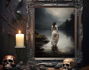 Walking Into The Lake - Dark Academia Print, Moody Victorian Wall Art, Dark Decor Aesthetic, Dark Cottagecore, Gothic Prints