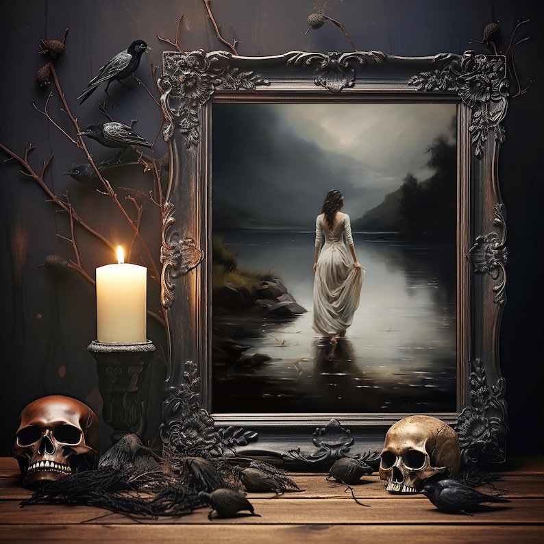 May include: A dark, ornate wooden frame holds a painting of a woman in a white dress walking away from the viewer towards a misty lake. The painting is set against a dark, moody background with a candle in the foreground.