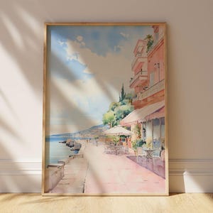 Retro European Print, Beach Wall Art, Coastal Decor, Pastel Pink Aesthetic Wall Art, Vintage Coastal Painting, Bedroom Apartment Decor image 5