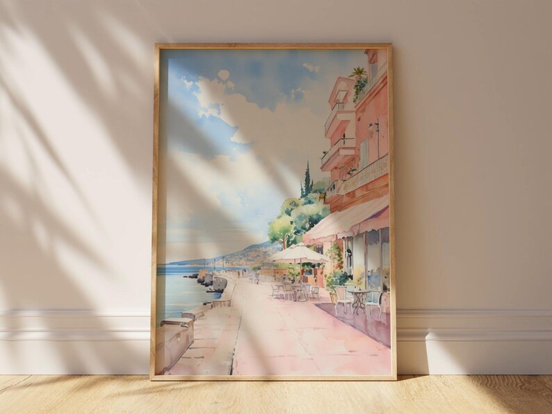 Retro European Print, Beach Wall Art, Coastal Decor, Pastel Pink Aesthetic Wall Art, Vintage Coastal Painting, Bedroom Apartment Decor image 5