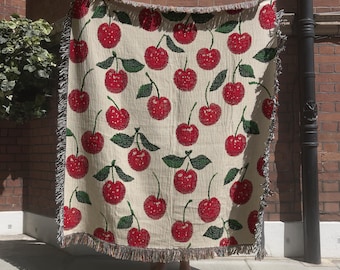 Cherries Woven Blanket Tapestry, Sofa Throw, Cottagecore Decor, Antique Style Wall Art Tapestry, Cherry Lovers Gift, Granny Gift