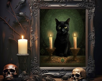 Impresión de gato negro, póster vintage, Dark Academia, gótico victoriano, arte de gato negro, decoración de brujas, impresión de póster artístico
