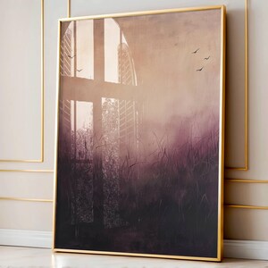 May include: A framed abstract landscape painting with a window and birds in the background. The painting is in shades of brown, pink, and purple.