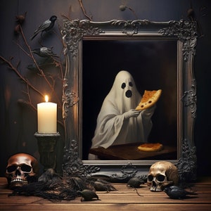 Lámina de Dark Academia, fantasma comiendo pizza, arte mural victoriano melancólico, estética de decoración oscura, cottagecore oscuro, láminas góticas