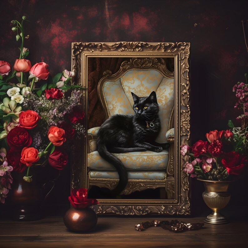 Vintage Halloween-Wandbild – Geist & Schwarze Katze, Verschiedene Größen & Rahmungen