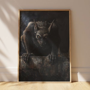 May include: A dark, detailed painting of a gargoyle with sharp teeth and claws, peering over a stone ledge. The gargoyle is depicted in a menacing pose, with its eyes glowing in the darkness.