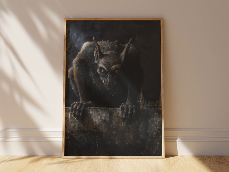 May include: A dark, detailed painting of a gargoyle with sharp teeth and claws, peering over a stone ledge. The gargoyle is depicted in a menacing pose, with its eyes glowing in the darkness.