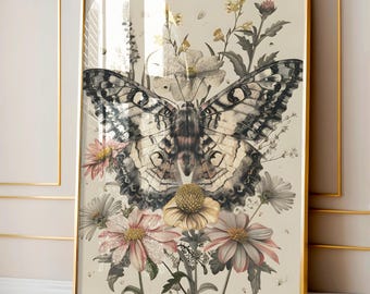 May include: A vintage-style illustration of a butterfly with black and white wings, surrounded by pink, white, and yellow flowers on a beige background.