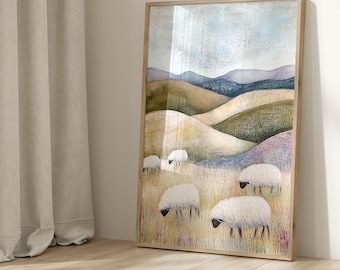 Midcentury Modern Western Landscape, Vintage Mountains Travel Poster, Colorful Retro Home Decor, Southwestern Nature Painting, Nursery Art