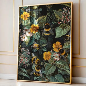 William Morris Inspired Bumble Bee Wall Art Print, Vintage Farmhouse Cottagecore Dark Academia Decor, Mid Century Botanical For Room Decor