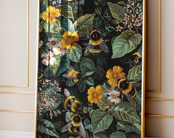 William Morris Inspired Bumble Bee Wall Art Print, Vintage Farmhouse Cottagecore Dark Academia Decor, Mid Century Botanical For Room Decor