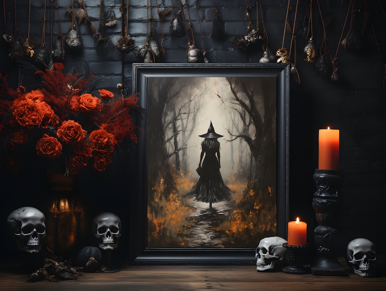 The Witch Twilight Dark Forest, Vintage Gothic Wall Art Print, Dark Academia Witchy Halloween Poster Gift, Halloween Gift image 4