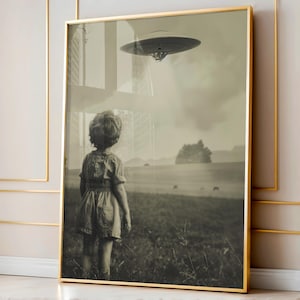 Weirdcore Decor, Creepy Art, Weird Art, Odd and Surreal Art, Macabre Artwork, Dark Art, Darkcore Decor, Child and UFO, Vintage Art