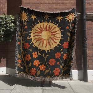 Celestial Moon Woven Blanket Tapestry Wall Art, Mucha Art Decor Nature Home Decor, Boho Decor Gift, Moody Blanket, Wimsigoth, Moon Blanket