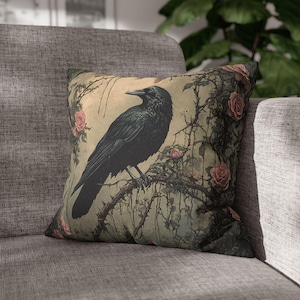 May include: A black crow perched on a branch with pink roses and thorns. The background is a faded green and brown with a vintage aesthetic.