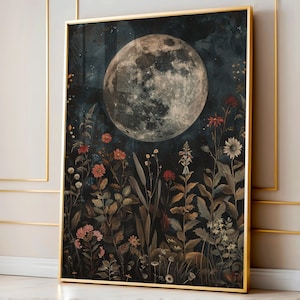 William Morris Inspired Art Print, Moon Eclipse Botanical Dark Cottagecore Decor, Dark Academia Poster Print Moody Wall Art, Moody Art