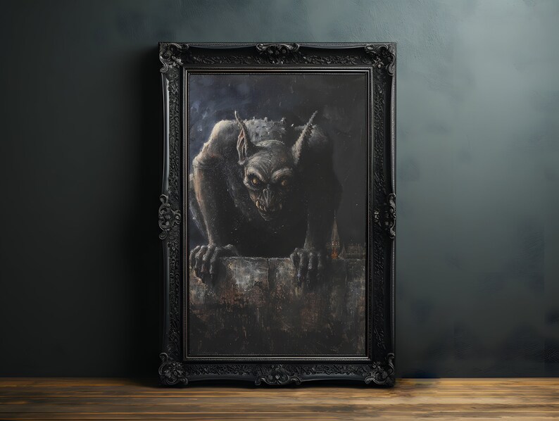 May include: A framed painting of a dark gray gargoyle with large ears, peering over a stone wall. The gargoyle is depicted in a realistic style with a menacing expression.