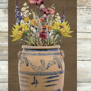 Primitive Crock Sign, Crock with Flowers, Farmhouse Sign, Rustic Decor, Stoneware Crock Sign, Wildflowers in Crock, Old Crock, Antique Crock