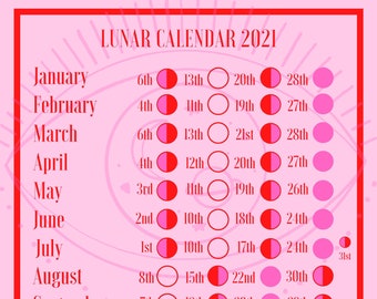 Digital Lunar Calendar 2021, Moon Phase Calendar, Moon Lunar Planner