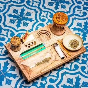 magnetic rolling tray fully equipped with stash jars, papers, tips, filters, mixing bowl for herbs & tobacco - handmade from ash wood