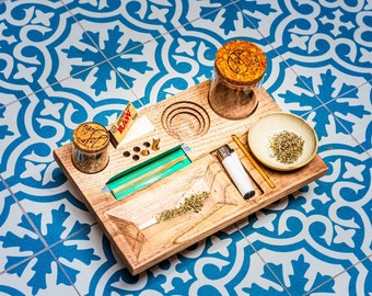 magnetic rolling tray fully equipped with stash jars, papers, tips, filters, mixing bowl for herbs & tobacco - handmade from ash wood