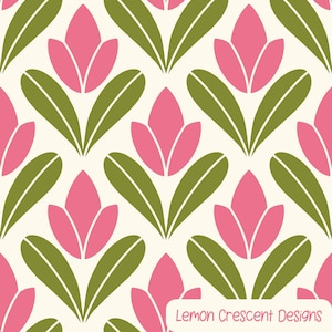 May include: A seamless pattern featuring pink stylized flowers with green leaves on a white background. The pattern is repeated throughout the image.