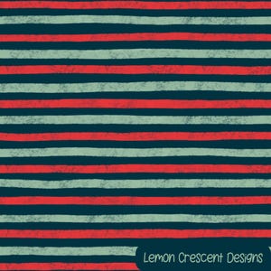 May include: A repeating pattern of horizontal stripes in alternating colors of dark navy blue, bright red, and pale mint green. The stripes have a textured, hand-painted appearance. The text Lemon Crescent Designs appears in the bottom right corner.