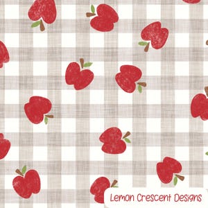 May include: A repeating pattern of red apples with green leaves and brown stems on a light brown and white checkered background. The text "Lemon Crescent Designs" is in the bottom right corner.