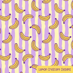 May include: A repeating pattern of yellow bananas with purple stems and outlines on a background of vertical stripes in alternating light yellow and lavender. The text "Lemon Crescent Designs" is in a yellow banner.