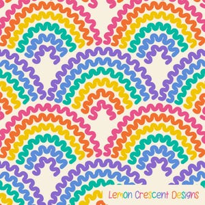 May include: A repeating pattern of colorful, wavy rainbow arcs in shades of pink, orange, yellow, green, blue, and purple. The design is set against a cream-colored background. The text "Lemon Crescent Designs" is in the bottom right corner.