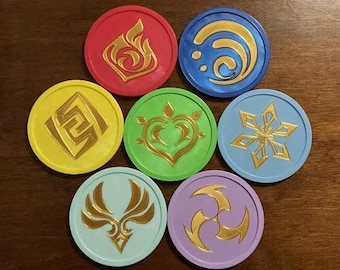 Può includere: Sette sottobicchieri rotondi con sfondi di colori diversi e disegni dorati. I disegni includono una fiamma, un'onda, un cuore, un fiocco di neve, un uccello, un vortice e un motivo geometrico.