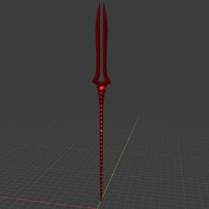 May include: A red spear with a long, spiraling shaft and a double-pronged head. The spear is a 3D render, with a detailed design and a metallic appearance. The spear is standing upright against a gray background.