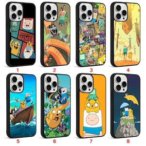 May include: Eight black phone cases with colorful Adventure Time cartoon designs. Each case features different characters and scenes from the show, including Finn, Jake, and the Ice King. The cases are numbered 1 through 8.