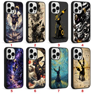 May include: A collection of eight phone cases featuring various designs of a black and yellow creature. The cases have black borders and showcase different artistic styles, including watercolor, starry night, and Japanese wave patterns.