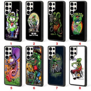 May include: A collection of eight black phone cases featuring cartoon rat-like characters in various poses. Each case has a unique design with vibrant colors and text, including "Rat Rod Life" and "Kat Fink."