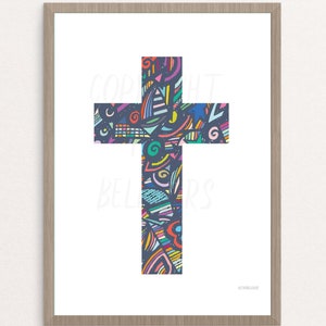 Arte de cruz cristiana con garabatos: imagen con versículo bíblico para niños, póster con versículo bíblico, señal con cruz bíblica, oración para niños, señal cristiana para el aula