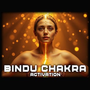 May include: Digital art featuring a woman with glowing energy emanating from her head and throat. The text "BINDU CHAKRA ACTIVATION" is displayed in bold white letters at the bottom of the image. The background is a warm, golden color with bokeh effects.