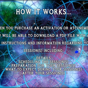 May include: A digital image with a celestial background and blue geometric designs. The text reads "HOW IT WORKS..." and explains the process of purchasing an activation or attunement, downloading a PDF, and session details, including scheduling.