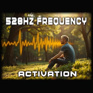 May include: An image featuring the text "528HZ FREQUENCY ACTIVATION" in white. A man is seated in a forest setting, with a yellow sound wave graphic. The image has a warm colour palette, with natural tones and lighting.