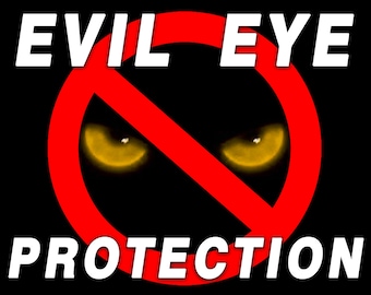 Könnte beinhalten: Ein roter Kreis mit einem diagonalen Strich durch ihn, der ein Verbot symbolisiert. Der Kreis enthält zwei gelbe Augen mit schwarzen Pupillen. Der Text "EVIL EYE PROTECTION" ist in weißen Buchstaben über und unter dem Kreis geschrieben.